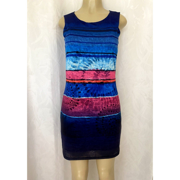 Desigual ADANA Blue Sleeveless Dress Striped Round Neck Pink Keyhole Shi… - Picture 3 of 6